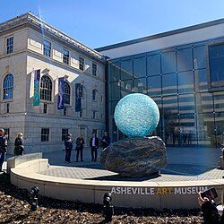 Henry Richardson's glass sphere sculpture on the plaza of the Asheville Art Museum