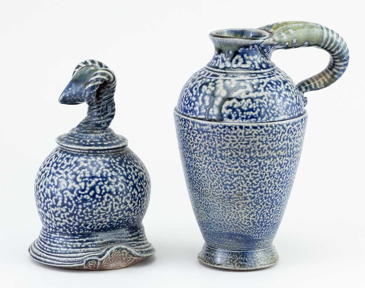 Salt-glazed lidded jar and pitcher by Mark Shapiro